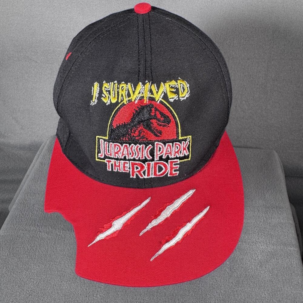 VINTAGE Jurassic Park Hat Cap Snap Back Black Red I Survived The Ride Mens‎ 90s